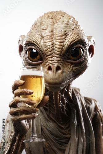 A close up of an alien holding a glass of wine