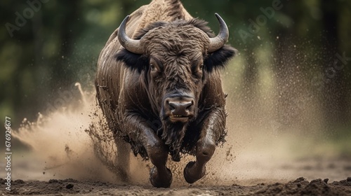 Bison running through mud in forest. Wildlife concept with a copy space.