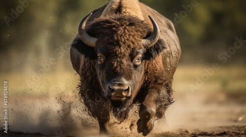 Bison running through mud in the South Africa. Wildlife concept with a copy space. photo