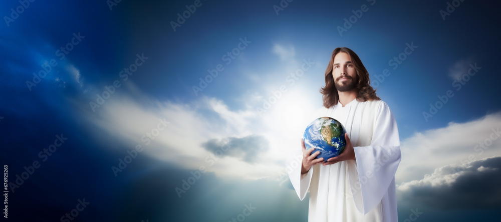 Jesus the son of God in white clothes stands at a background of blue sky and clouds - he is smiling and holding the planet Earth globe in his hands. Jesus loves you. Wide image.