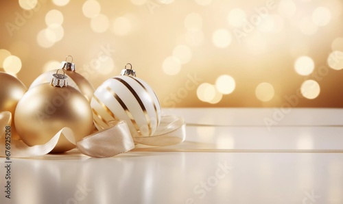 Shiny bright Christmas balls and wavy ribbon on beige table top, AI generator
