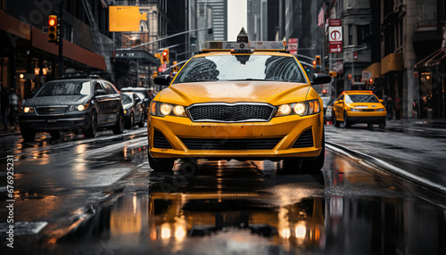 Canvas Print Vibrant downtown new york street scene with yellow cabs in motion blur, showcasi