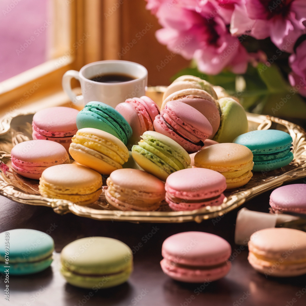 Macarus and a cup of coffee, generated AI Macarus and a cup of coffee, generated AI