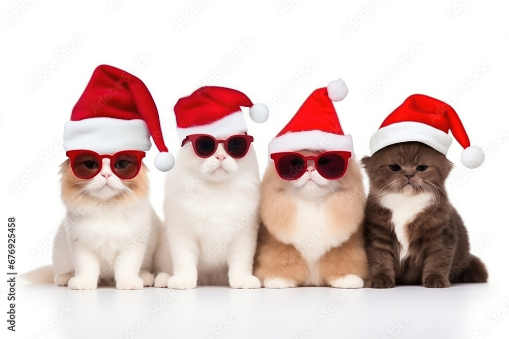 Group of cats wearing red santa hat and sunglasses isolated on white background. Group of cats wearing red santa hat and sunglasses isolated on white background.