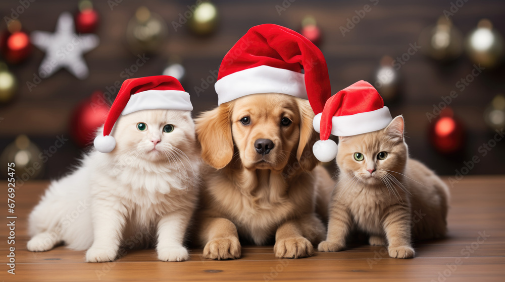 Golden Retriever puppy and kittens in red santa hats.