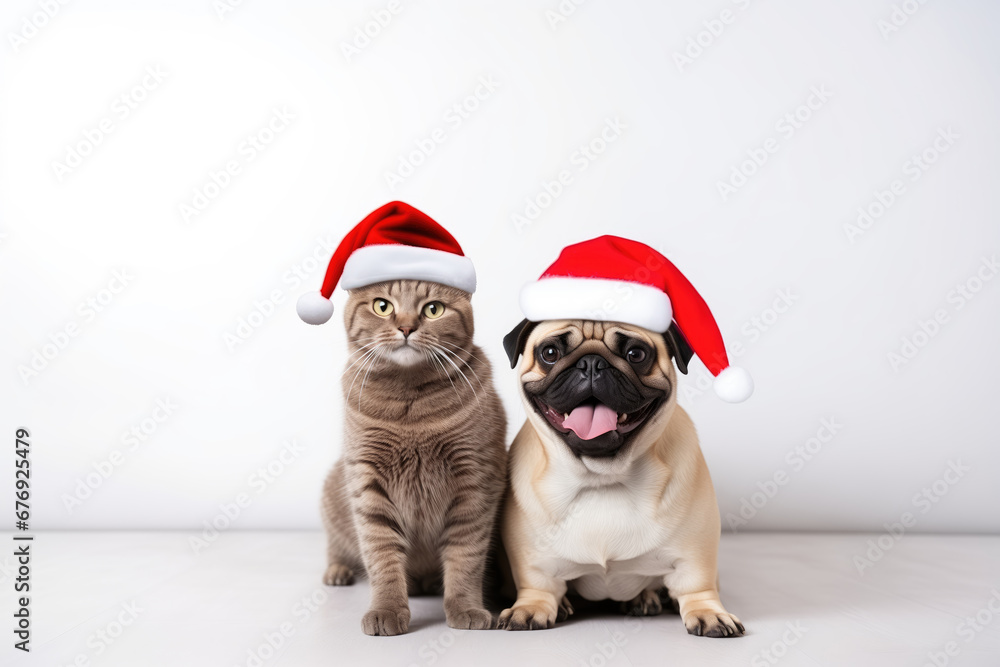 Cute cat and dog wearing santa claus hats on white background Cute cat and dog wearing santa claus hats on white background
