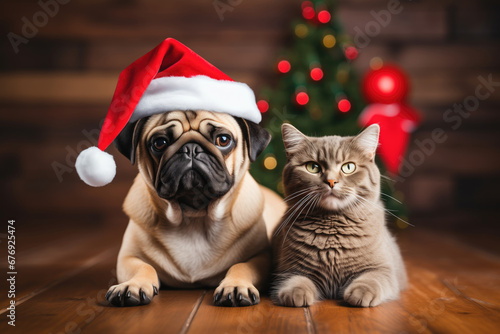 Cute pug dog and cat in santa hat on christmas background © Tida