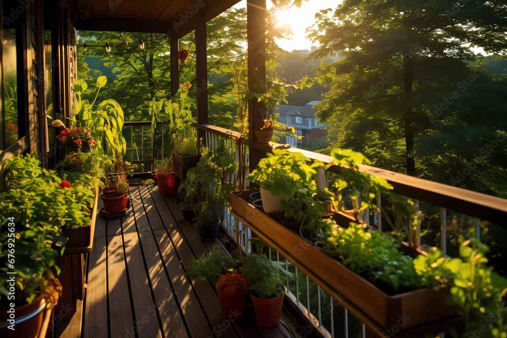 Summer Vibes: Home Wood Balcony Adorned with Plants, Herbs, and Fresh Vegetables