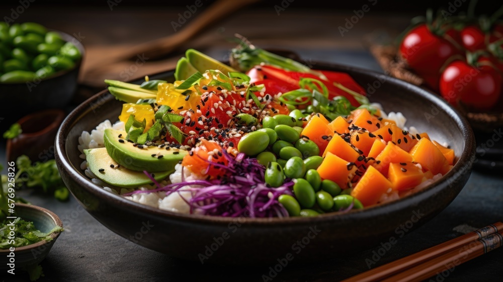 A bowl filled with vegetables and rice next to chopsticks, vegan January challenge. A bowl filled with vegetables and rice next to chopsticks, vegan January challenge.
