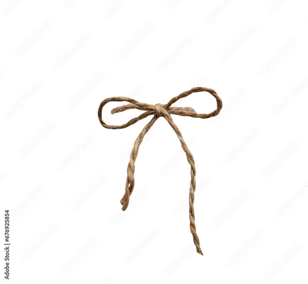 Jute twine string tied in a bow isolated cutout on transparent