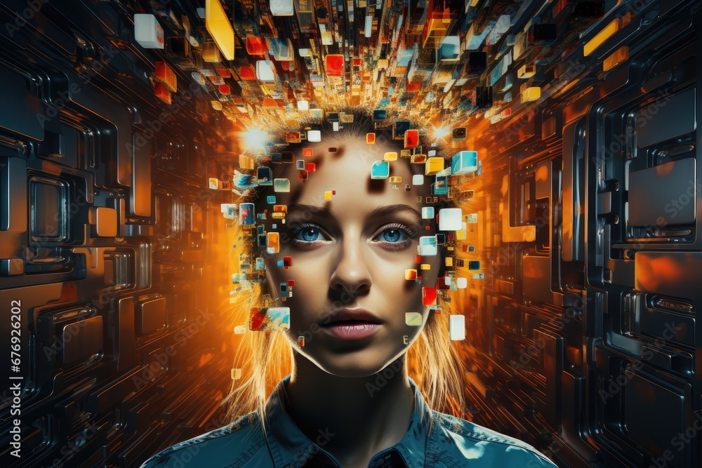 Woman with digital data exploding from mind in cyber environment. Woman with Data-Stream Mind in Virtual Realm Woman with digital data exploding from mind in cyber environment. Woman with Data-Stream Mind in Virtual Realm
