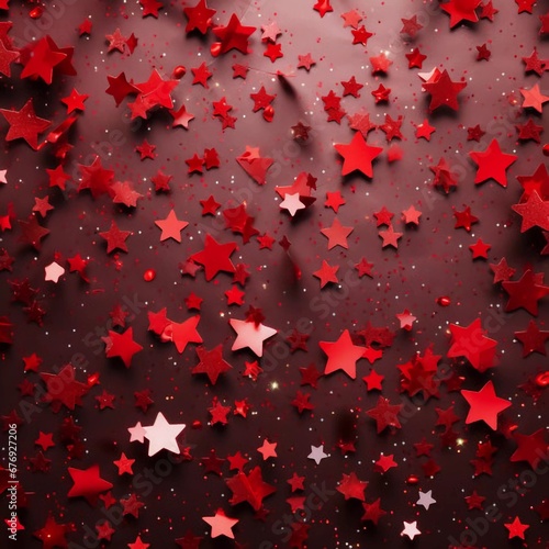 Christmas texture with falling red shiny confetti stars , AI generator