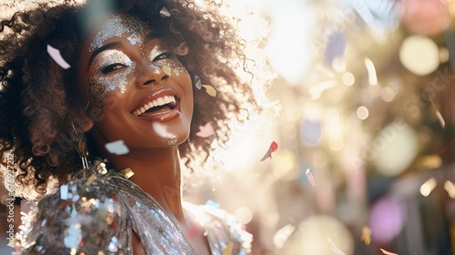 Girl dancing with festive makeup, sparkles. Generation AI