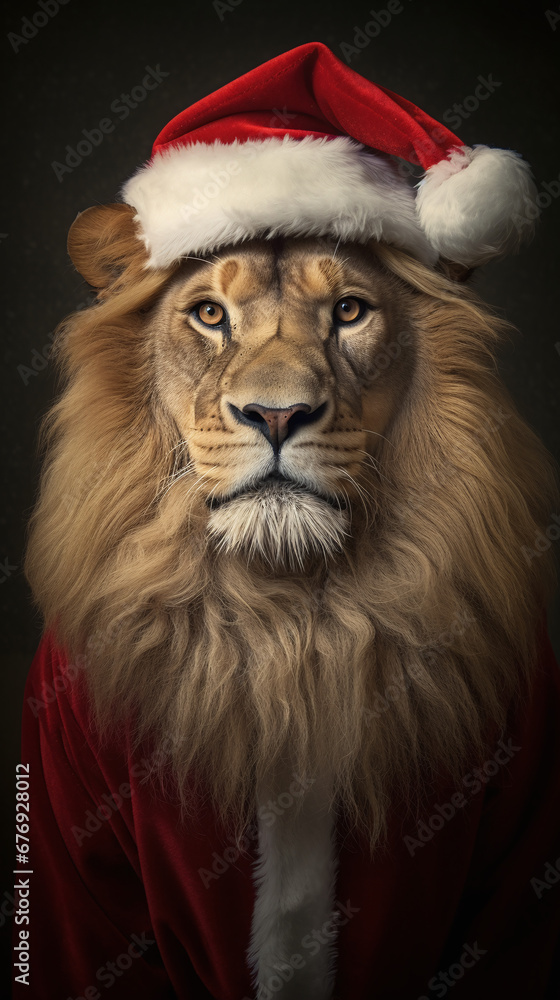Realistic portrait of a lion in Santa clothes. Dramatic lighting. Realistic portrait of a lion in Santa clothes. Dramatic lighting.