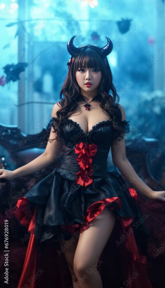 Fototapeta premium Beautiful Asian sexy woman in a demon costume. Halloween festival concept. Female in a demon cosplay. Dark mood Halloween poster.