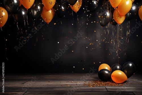 Fête d'anniversaire, arrière-plan festif avec des ballons et un arrière-plan noir photo