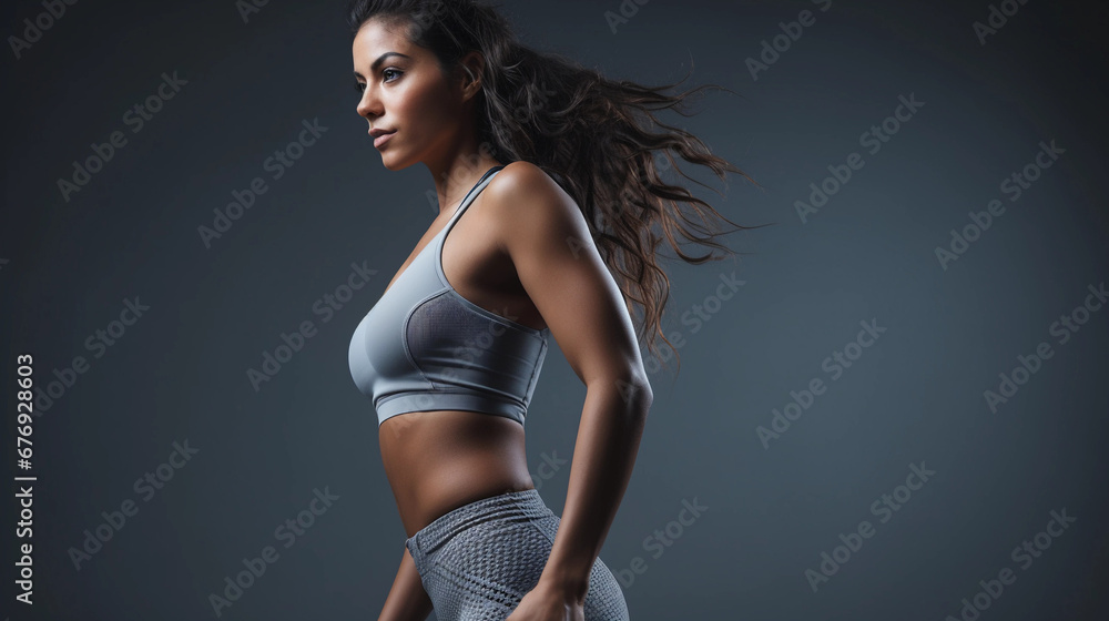 a beautiful sports girl with a good figure, a muscular, healthy female body, a sporty stomach. dressed in a gray tracksuit on a dark background