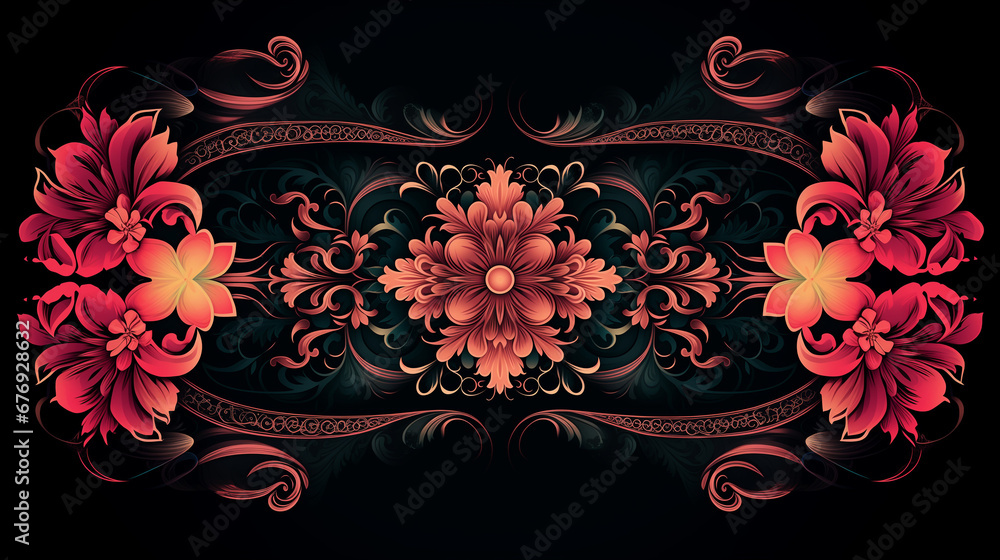 Classic Abstract Black and Pink Pattern with Traditional Motifs, Crossed by Dark Green and Amber Hues. Classic Abstract Black and Pink Pattern with Traditional Motifs, Crossed by Dark Green and Amber Hues.