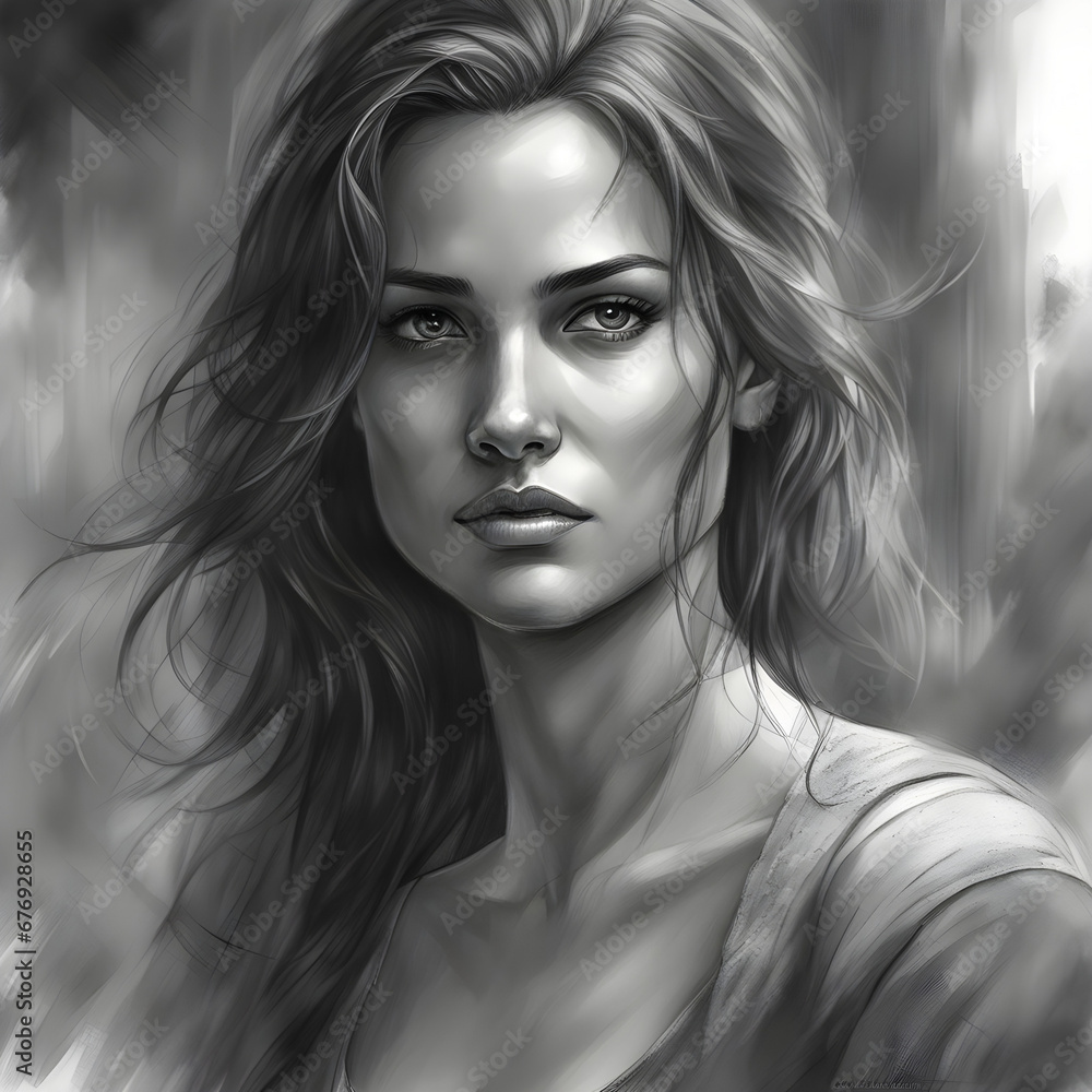 a hand drawn black and white painting of a beautiful female with blue erotic eyes a hand drawn black and white painting of a beautiful female with blue erotic eyes