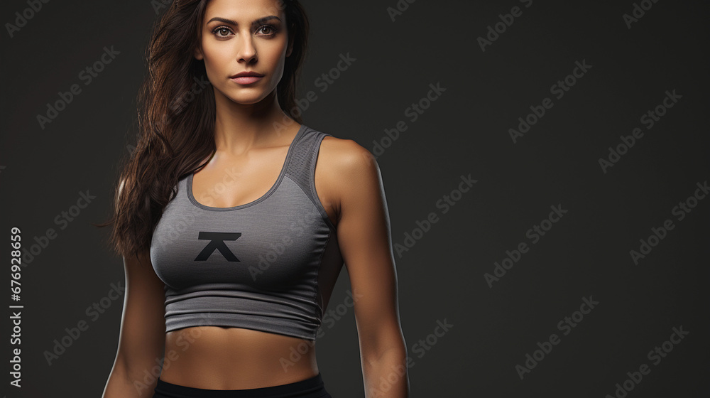 Obraz premium a beautiful sports girl with a good figure, a muscular, healthy female body, a sporty stomach. dressed in a gray tracksuit on a dark background