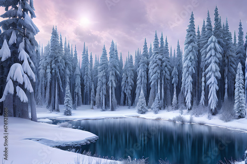 Winter forest landscape, river trees, snowy atmospheric beautiful trees, Generative AI © LIUBOMYR
