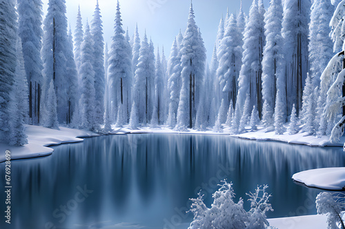 Winter forest landscape, river trees, snowy atmospheric beautiful trees, Generative AI © LIUBOMYR