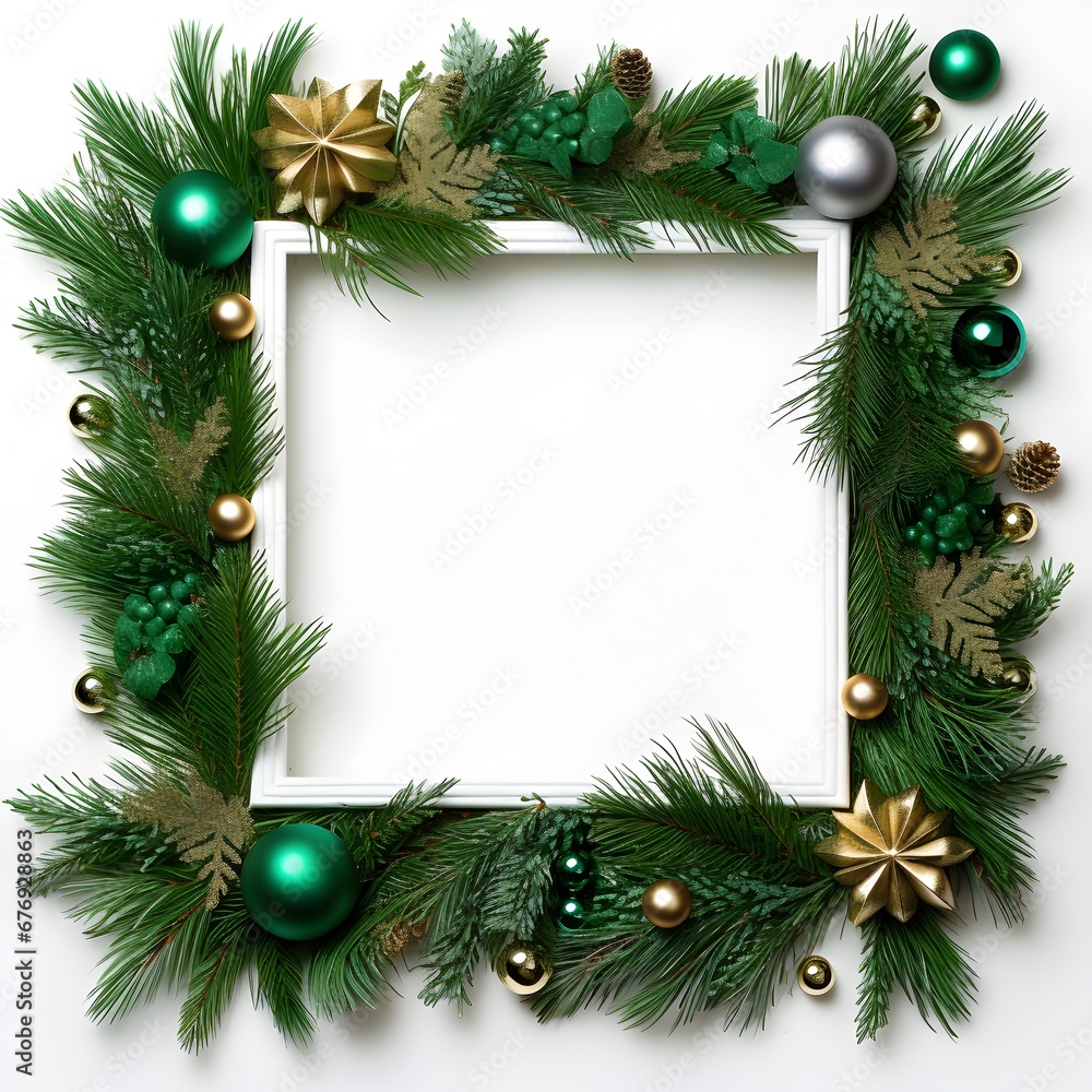 Green christmas tree branches, fir tree wreath frame with pine cones and tinsel Green christmas tree branches, fir tree wreath frame with pine cones and tinsel