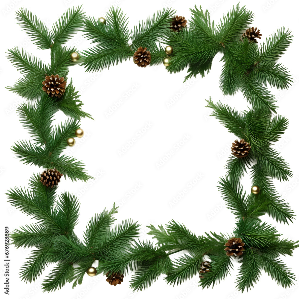 Green christmas tree branches, fir tree wreath frame with pine cones and tinsel Green christmas tree branches, fir tree wreath frame with pine cones and tinsel