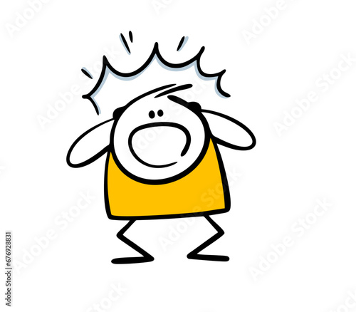 Cartoon stickman crouched down in fright, opened mouth, clutched head and screamed in fright. Vector illustration of character in horror or delight. Strong emotions, reaction to unexpected surprise.