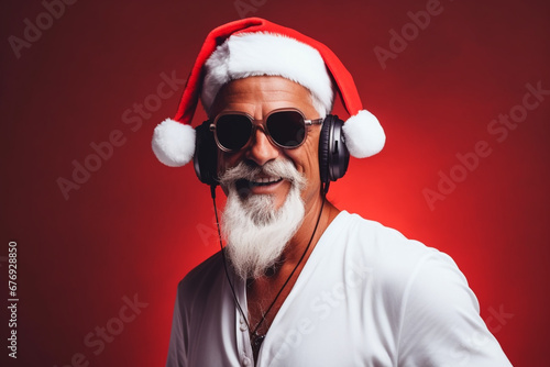 Cool Santa Claus with headphones dancing on red background. High quality photo