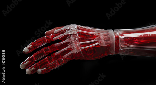 Red transparent futuristic bionic hand prosthesis with ligaments, close up. Artificial robotic prosthetic arm of the future for people with disabilities or androids and robots. High tech medical care.
