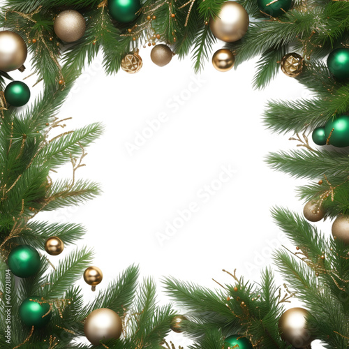 Green christmas tree branches, fir tree wreath frame with pine cones and tinsel