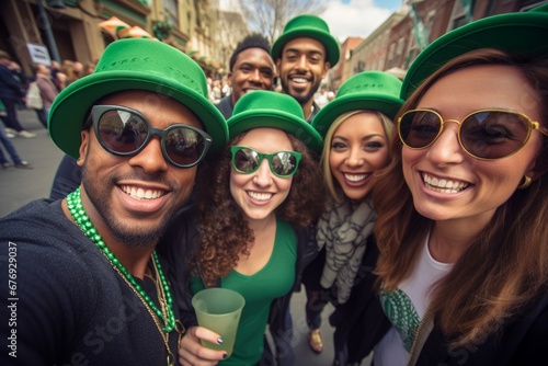 Group of friends taking a selfie at the Saint Patrick Day Parade in green hats, drinking
