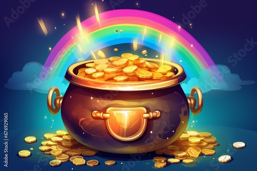 Cartoon pot of gold underneath a rainbow 