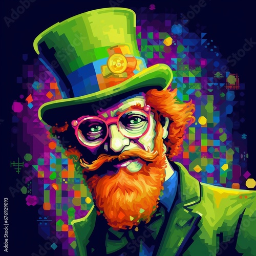 Psychedelic leprechaun colorful poster with red beard and red hair photo