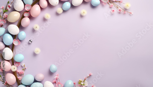 easter eggs and flowers decoration  border  pastel color with copy space 
