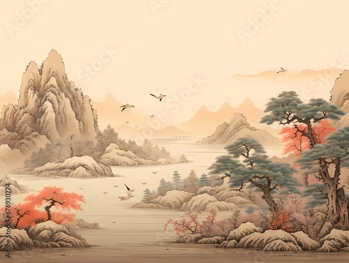 A beautiful asian, chinese art painting. Blossoming gardens, trees and birds. Beautiful asian landscape with mountains and river.