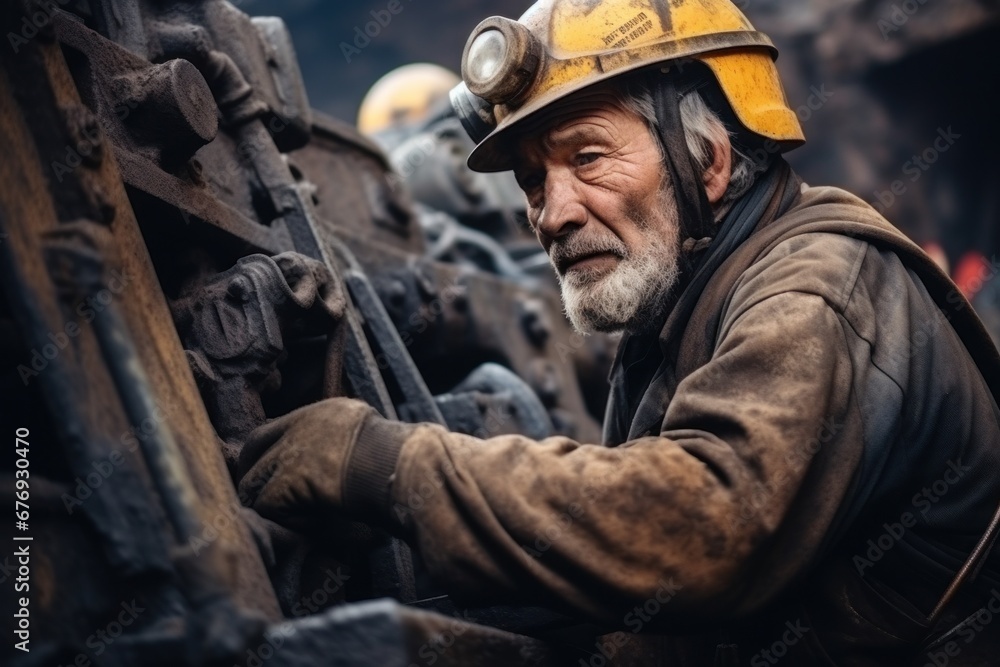 Photo of an experienced miner in full work gear and hard hat