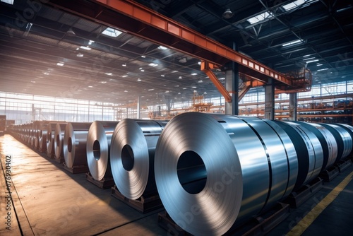 Stacks of steel coils in a massive industrial storage facility