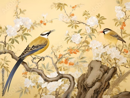 A beautiful asian  chinese art painting. Blossoming gardens  trees and birds. Beautiful asian landscape