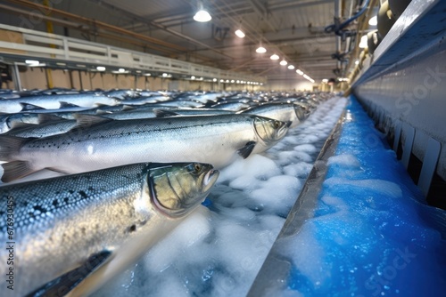 A conveyor belt filled with freshly caught trout in a fish processing factory