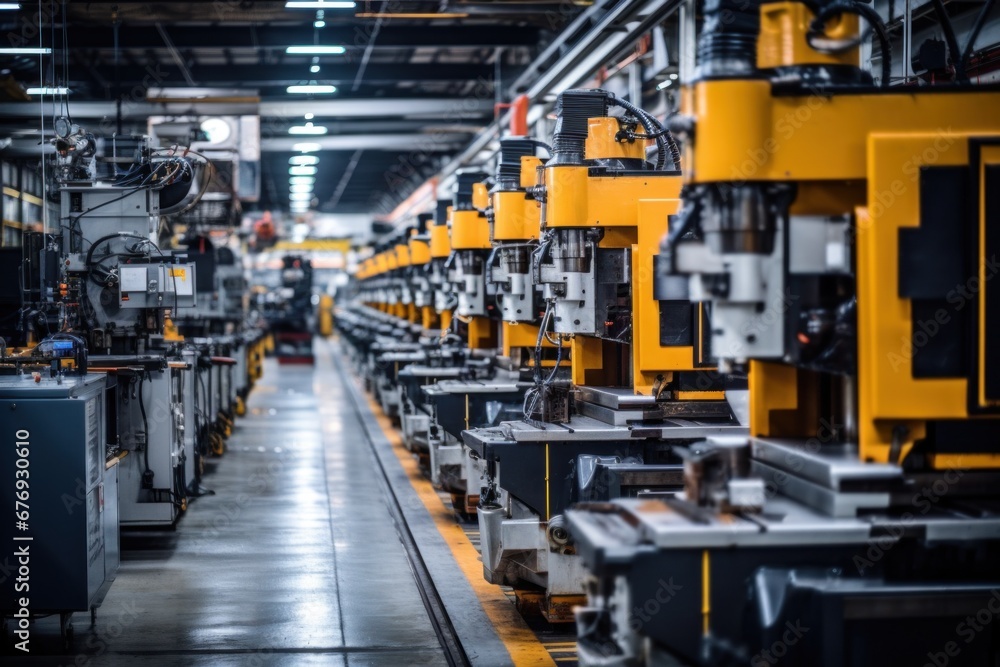 A bustling industrial factory floor with a multitude of machines in operation
