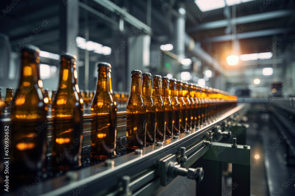beer factory brown glass bottles on the conveyor