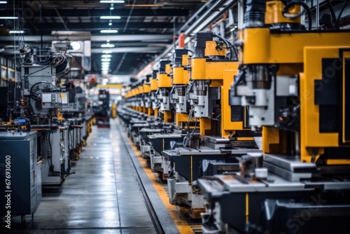A bustling industrial factory floor with a multitude of machines in operation