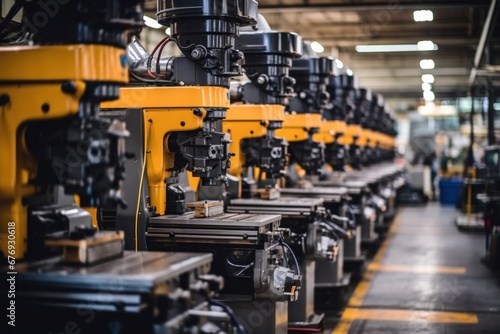 A busy industrial warehouse filled with rows of machinery and equipment