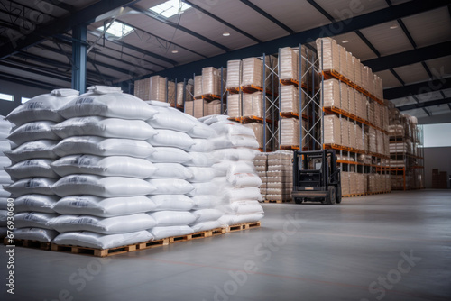 warehouse with white polypropylene bags photo