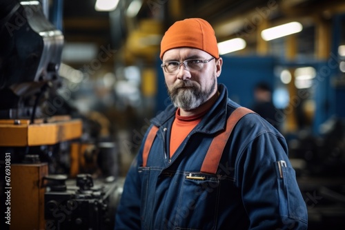 A worker in a factory wearing a distinctive orange hat and glasses photo