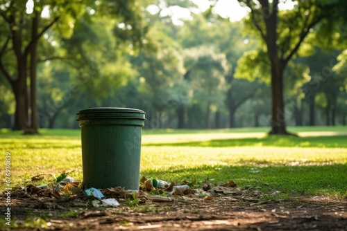 A discarded trash can in the midst of a peaceful park setting