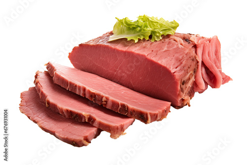 sliced corned beef isolated on white background photo