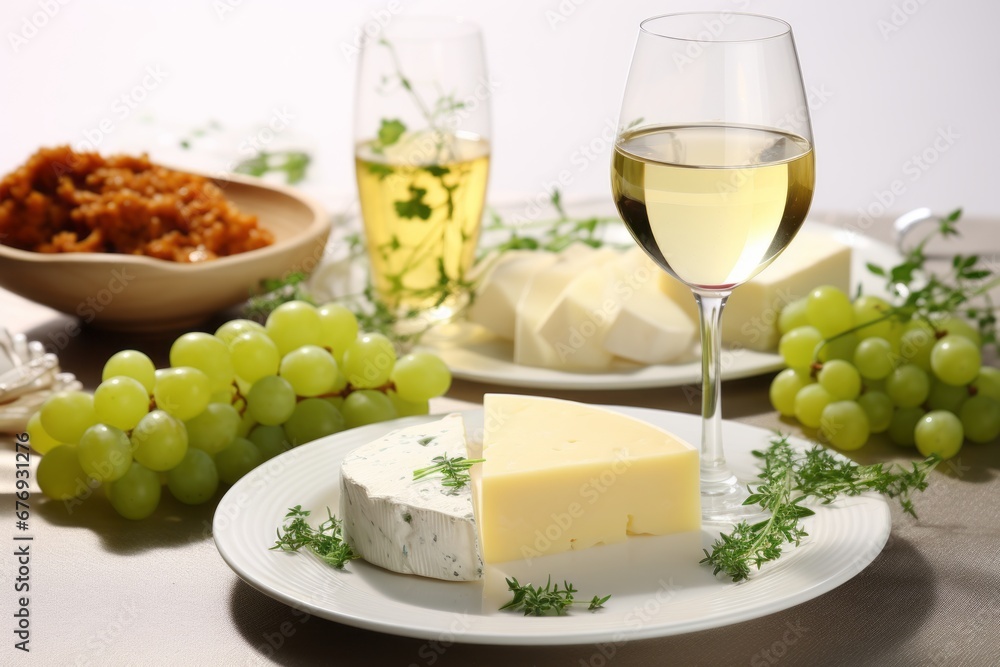 Gourmet Cheese Selection Plate with Fresh Grapes, White Wine Glasses, and Bottle on White Background Gourmet Cheese Selection Plate with Fresh Grapes, White Wine Glasses, and Bottle on White Background